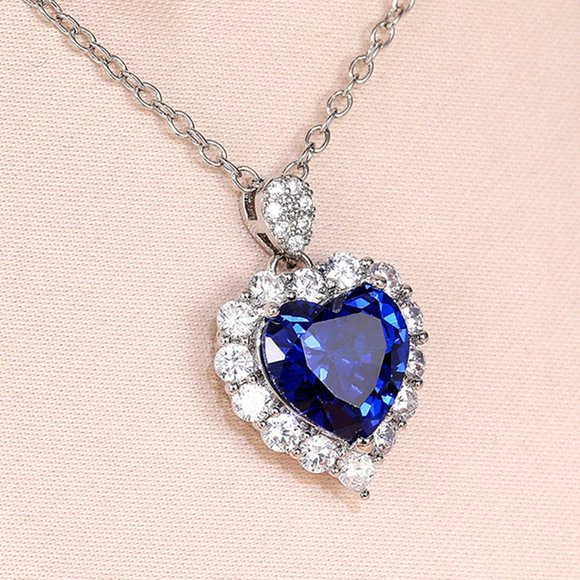 NEW Silver Blue Sapphire Heart Round Diamond Halo Necklace - Picture 4 of 7